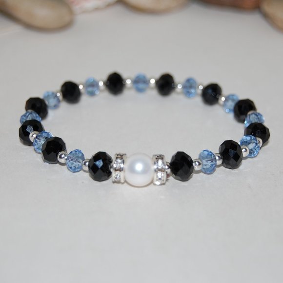 Pearl Bracelet,Blue Bracelet,Black & Blue Glass Beads,Bracelet Support,Awareness - Picture 3 of 3